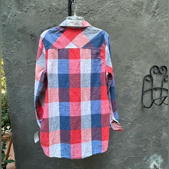 MERONA RED WHITE BLUE PLAID HALF BUTTON UP LONG SLEEVE SHIRT TUNIC TOP SIZE S - Picture 6 of 12